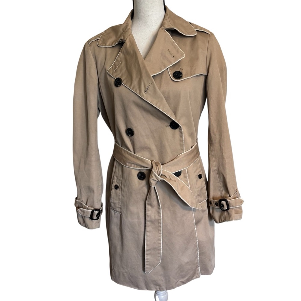 GAP Khaki Trench Coat Beige Trim Double Breasted Size S Belted Jacket Preppy